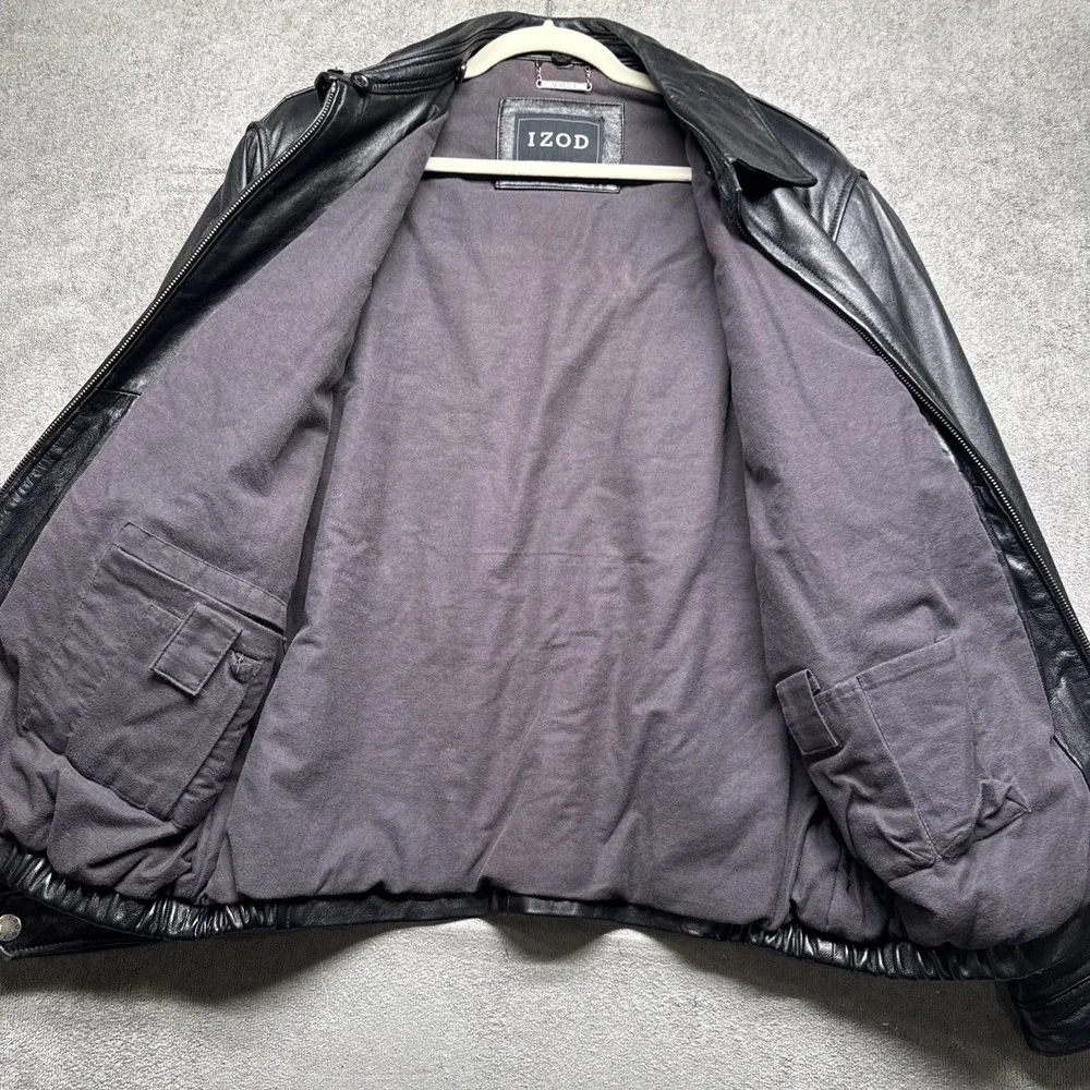Izod Black Leather Jacket Men's Large Classic Bomber Moto Core‎ Style